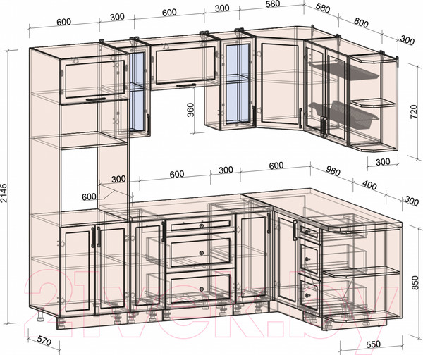 Изображение товара Кухонный гарнитур Интерлиния Тренд 1.68x2.4 ВТ правая (луна/белый/серый каспий)