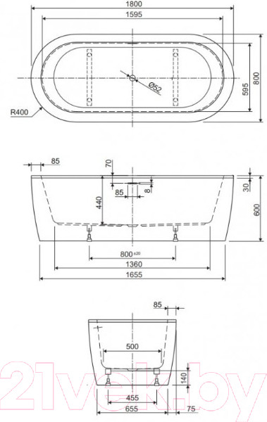 Изображение товара Ванна акриловая Cezares Slim Central-180-80-44-W37