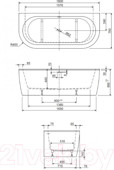 Изображение товара Ванна акриловая Cezares Slim Wall-180-80-44-W37