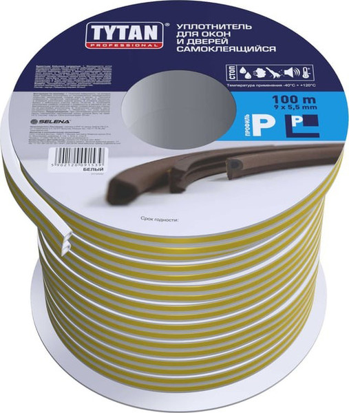 Изображение товара Лента уплотнительная Tytan Professional P-профиль 100мx9ммx5.5мм / 91539 (100м, белый)