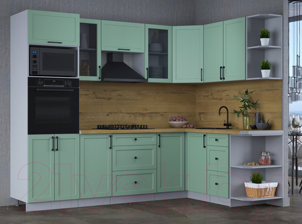Изображение товара Кухонный гарнитур Интерлиния Тренд 1.68x2.6 ВТ правая (мята/мята/дуб бунратти)