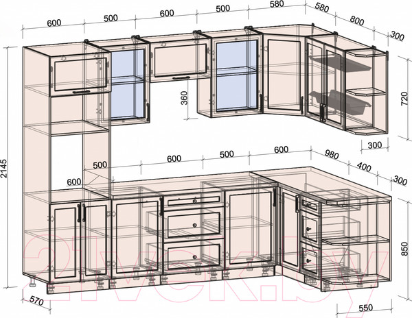 Изображение товара Кухонный гарнитур Интерлиния Тренд 1.68x2.8 ВТ правая (мята/мята/дуб бунратти)
