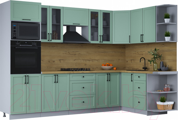 Изображение товара Кухонный гарнитур Интерлиния Тренд 1.68x3.0 ВТ правая (мята/мята/дуб бунратти)