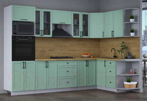 Изображение товара Кухонный гарнитур Интерлиния Тренд 1.68x3.0 ВТ правая (мята/мята/дуб бунратти)