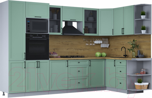 Изображение товара Кухонный гарнитур Интерлиния Тренд 1.68x3.2 ВТ правая (мята/мята/дуб бунратти)