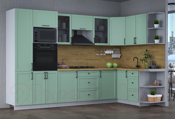 Изображение товара Кухонный гарнитур Интерлиния Тренд 1.68x3.2 ВТ правая (мята/мята/дуб бунратти)