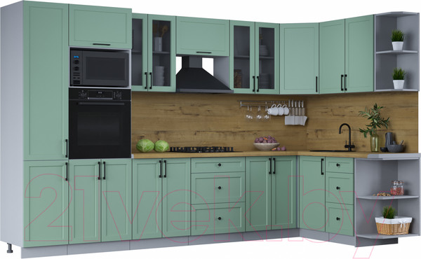 Изображение товара Кухонный гарнитур Интерлиния Тренд 1.68x3.4 ВТ правая (мята/мята/дуб бунратти)
