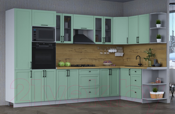 Изображение товара Кухонный гарнитур Интерлиния Тренд 1.68x3.4 ВТ правая (мята/мята/дуб бунратти)