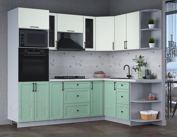 Изображение товара Кухонный гарнитур Интерлиния Тренд 1.68x2.4 ВТ правая (мята/белый/бискайская сосна)