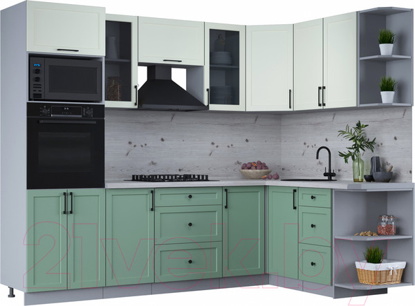 Изображение товара Кухонный гарнитур Интерлиния Тренд 1.68x2.6 ВТ правая (мята/белый/бискайская сосна)