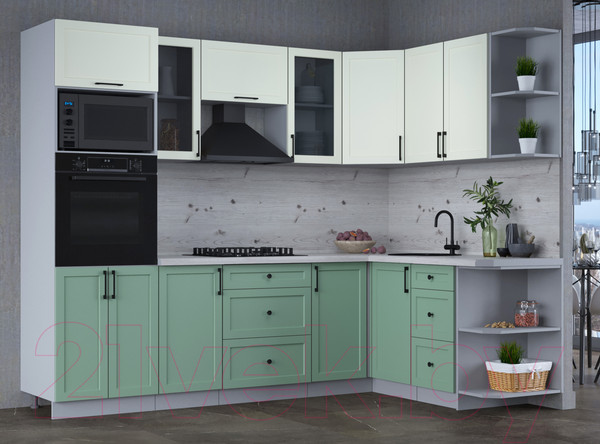 Изображение товара Кухонный гарнитур Интерлиния Тренд 1.68x2.6 ВТ правая (мята/белый/бискайская сосна)