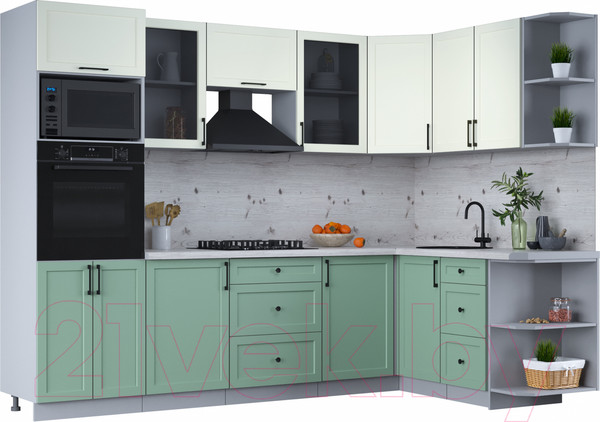 Изображение товара Кухонный гарнитур Интерлиния Тренд 1.68x2.8 ВТ правая (мята/белый/бискайская сосна)
