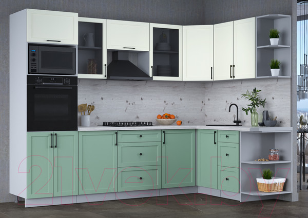 Изображение товара Кухонный гарнитур Интерлиния Тренд 1.68x2.8 ВТ правая (мята/белый/бискайская сосна)