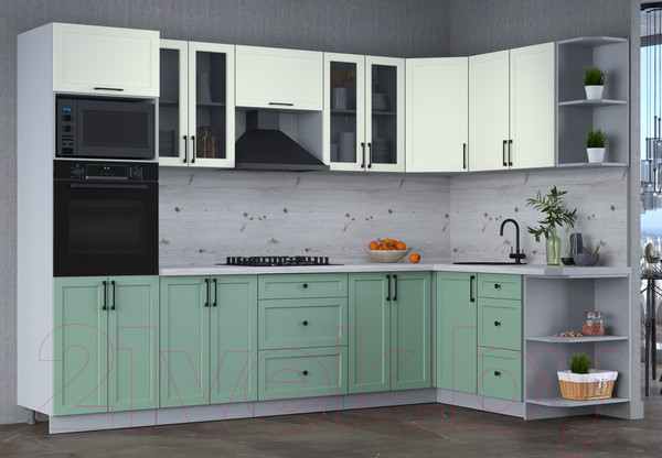 Изображение товара Кухонный гарнитур Интерлиния Тренд 1.68x3.0 ВТ правая (мята/белый/бискайская сосна)