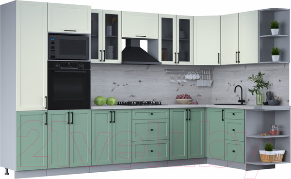 Изображение товара Кухонный гарнитур Интерлиния Тренд 1.68x3.4 ВТ правая (мята/белый/бискайская сосна)