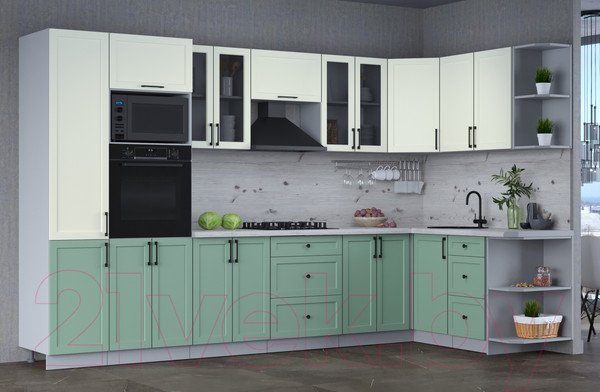 Изображение товара Кухонный гарнитур Интерлиния Тренд 1.68x3.4 ВТ правая (мята/белый/бискайская сосна)
