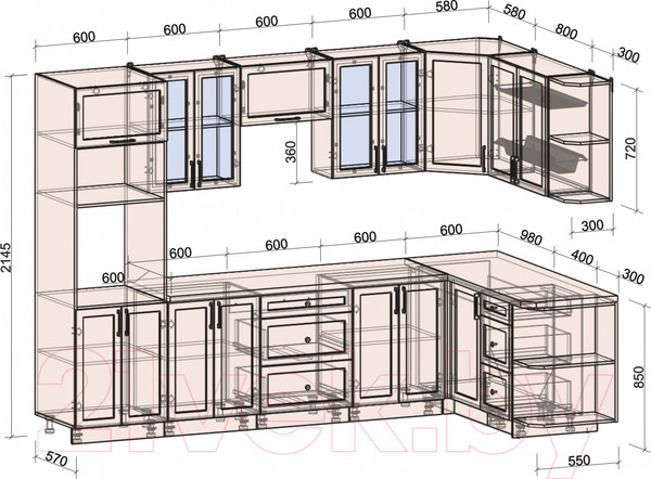 Изображение товара Кухонный гарнитур Интерлиния Тренд 1.68x3.0 ВТ правая (океан/океан/дуб бунратти)