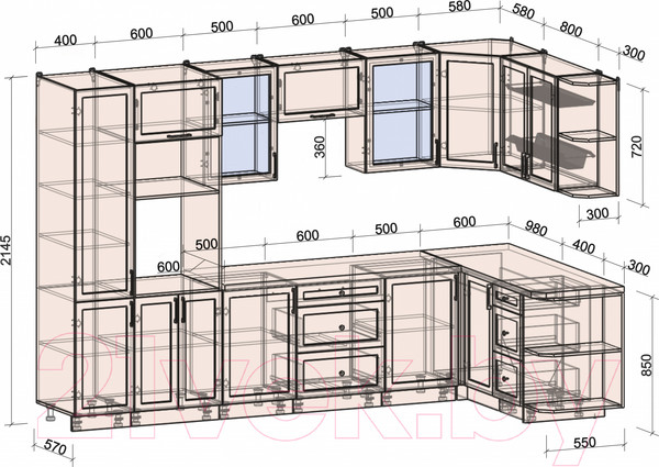 Изображение товара Кухонный гарнитур Интерлиния Тренд 1.68x3.2 ВТ правая (океан/океан/дуб бунратти)