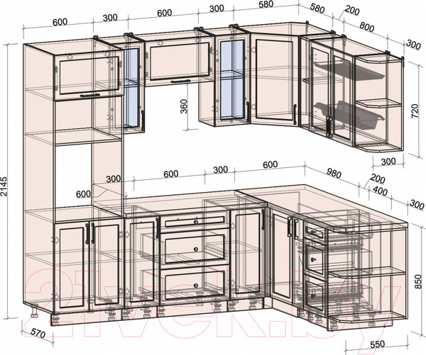 Изображение товара Кухонный гарнитур Интерлиния Тренд 1.88x2.4 ВТ правая (луна/луна/бискайская сосна)