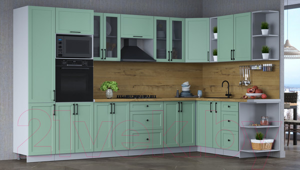 Изображение товара Кухонный гарнитур Интерлиния Тренд 1.88x3.4 ВТ правая (мята/мята/дуб бунратти)