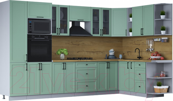 Изображение товара Кухонный гарнитур Интерлиния Тренд 1.88x3.4 ВТ правая (мята/мята/дуб бунратти)