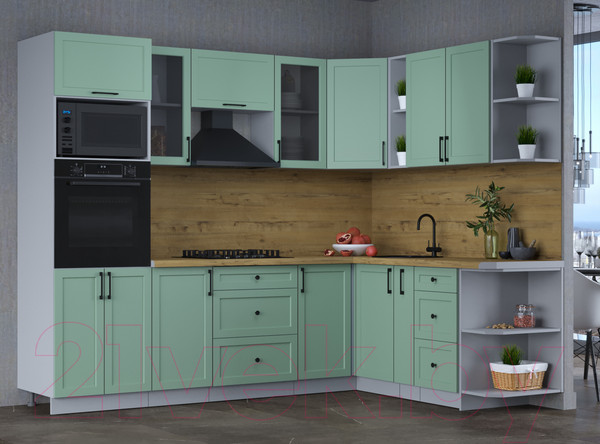 Изображение товара Кухонный гарнитур Интерлиния Тренд 1.88x2.6 ВТ правая (мята/мята/дуб бунратти)