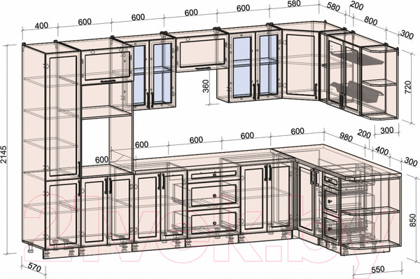 Изображение товара Кухонный гарнитур Интерлиния Тренд 1.88x3.4 ВТ правая (мята/белый/бискайская сосна)