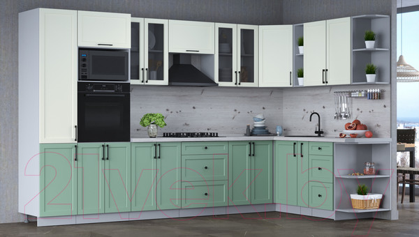 Изображение товара Кухонный гарнитур Интерлиния Тренд 1.88x3.4 ВТ правая (мята/белый/бискайская сосна)