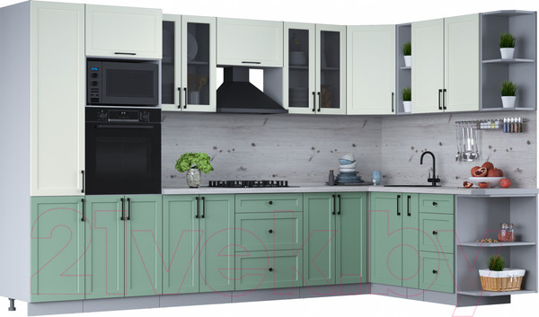 Изображение товара Кухонный гарнитур Интерлиния Тренд 1.88x3.4 ВТ правая (мята/белый/бискайская сосна)