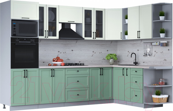 Изображение товара Кухонный гарнитур Интерлиния Тренд 1.88x3.0 ВТ правая (мята/белый/бискайская сосна)
