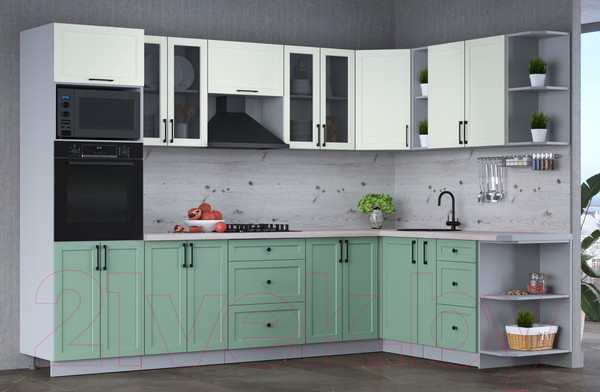 Изображение товара Кухонный гарнитур Интерлиния Тренд 1.88x3.0 ВТ правая (мята/белый/бискайская сосна)