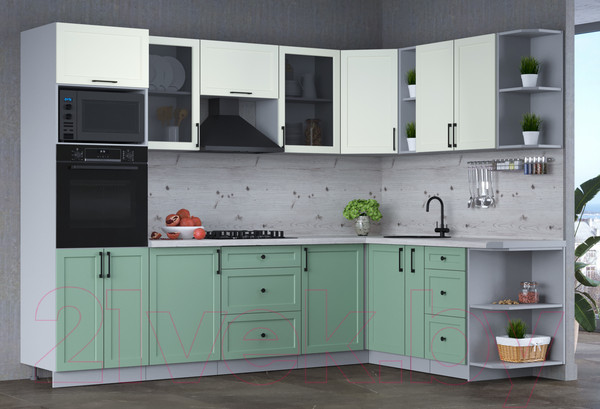 Изображение товара Кухонный гарнитур Интерлиния Тренд 1.88x2.8 ВТ правая (мята/белый/бискайская сосна)