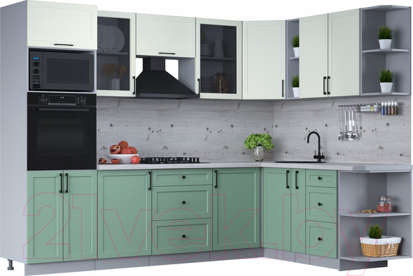 Изображение товара Кухонный гарнитур Интерлиния Тренд 1.88x2.8 ВТ правая (мята/белый/бискайская сосна)