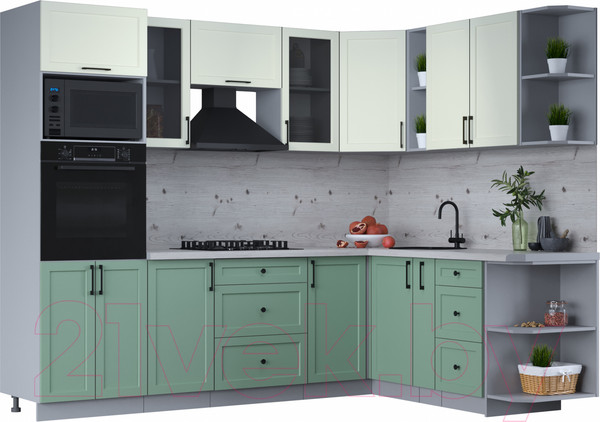 Изображение товара Кухонный гарнитур Интерлиния Тренд 1.88x2.6 ВТ правая (мята/белый/бискайская сосна)