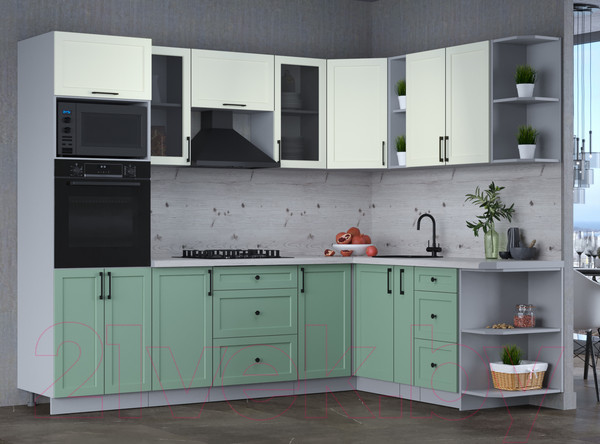 Изображение товара Кухонный гарнитур Интерлиния Тренд 1.88x2.6 ВТ правая (мята/белый/бискайская сосна)