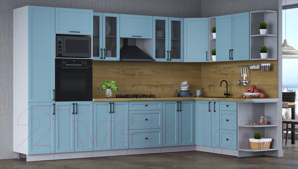 Изображение товара Кухонный гарнитур Интерлиния Тренд 1.88x3.4 ВТ правая (океан/океан/дуб бунратти)