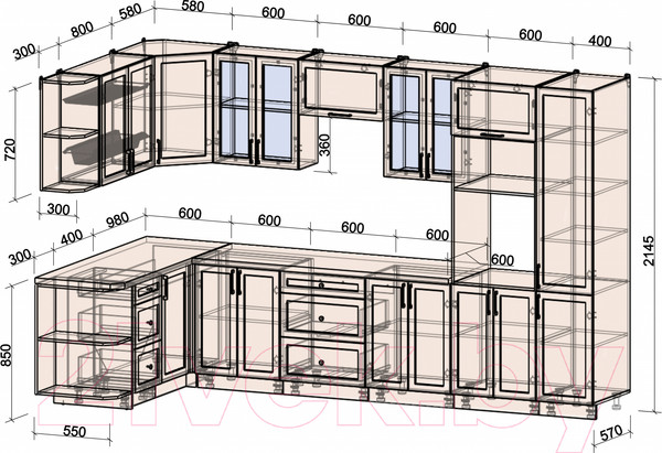 Изображение товара Кухонный гарнитур Интерлиния Тренд 1.68x3.4 ВТ левая (луна/луна/бискайская сосна)