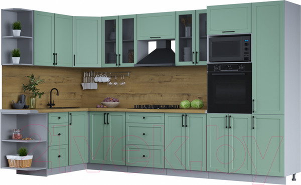 Изображение товара Кухонный гарнитур Интерлиния Тренд 1.68x3.4 ВТ левая (мята/мята/дуб бунратти)