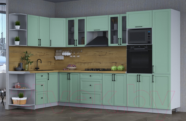 Изображение товара Кухонный гарнитур Интерлиния Тренд 1.68x3.4 ВТ левая (мята/мята/дуб бунратти)