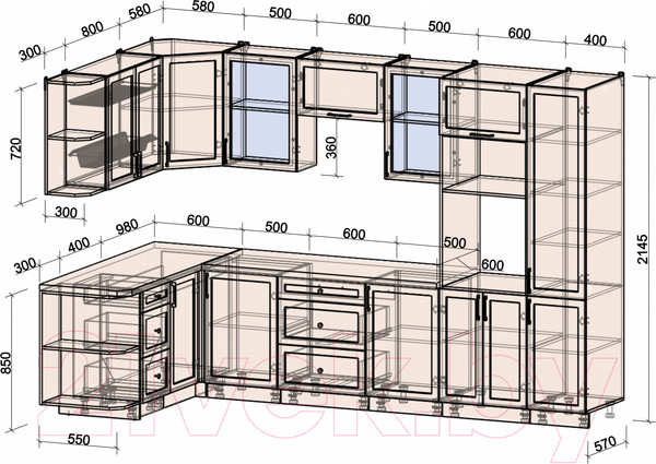 Изображение товара Кухонный гарнитур Интерлиния Тренд 1.68x3.2 ВТ левая (мята/мята/дуб бунратти)