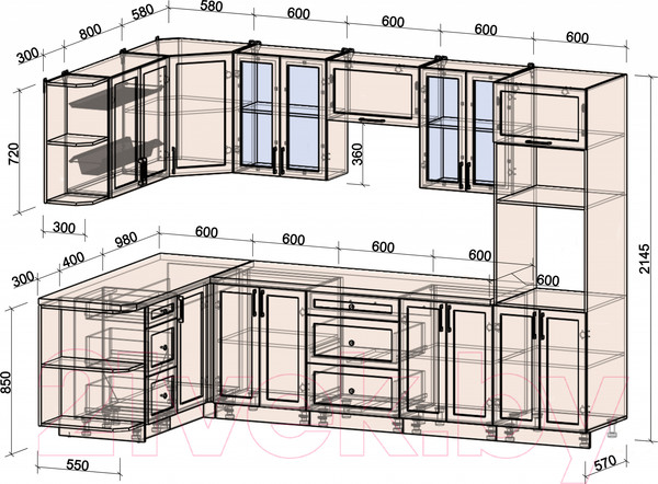 Изображение товара Кухонный гарнитур Интерлиния Тренд 1.68x3.0 ВТ левая (мята/мята/дуб бунратти)