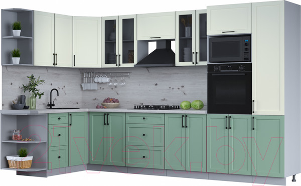 Изображение товара Кухонный гарнитур Интерлиния Тренд 1.68x3.4 ВТ левая (мята/белый/бискайская сосна)