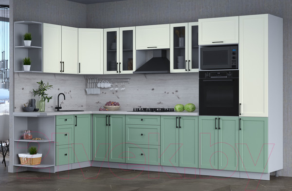 Изображение товара Кухонный гарнитур Интерлиния Тренд 1.68x3.4 ВТ левая (мята/белый/бискайская сосна)