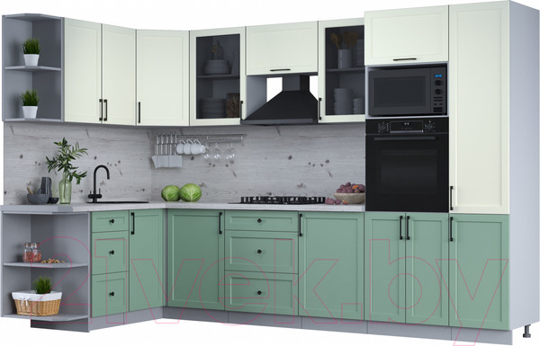 Изображение товара Кухонный гарнитур Интерлиния Тренд 1.68x3.2 ВТ левая (мята/белый/бискайская сосна)