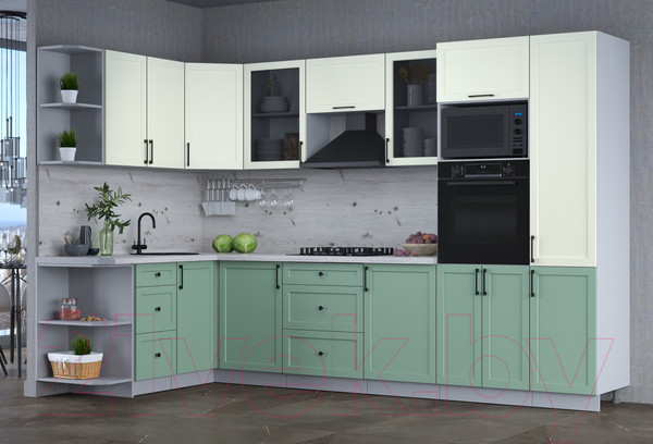 Изображение товара Кухонный гарнитур Интерлиния Тренд 1.68x3.2 ВТ левая (мята/белый/бискайская сосна)