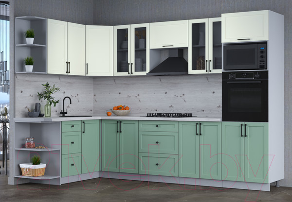 Изображение товара Кухонный гарнитур Интерлиния Тренд 1.68x3.0 ВТ левая (мята/белый/бискайская сосна)