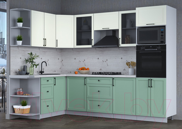 Изображение товара Кухонный гарнитур Интерлиния Тренд 1.68x2.8 ВТ левая (мята/белый/бискайская сосна)