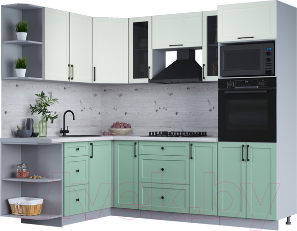 Изображение товара Кухонный гарнитур Интерлиния Тренд 1.68x2.4 ВТ левая (мята/белый/бискайская сосна)