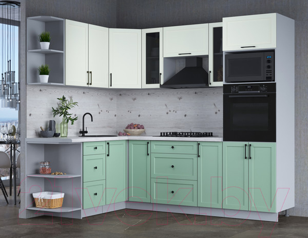 Изображение товара Кухонный гарнитур Интерлиния Тренд 1.68x2.4 ВТ левая (мята/белый/бискайская сосна)