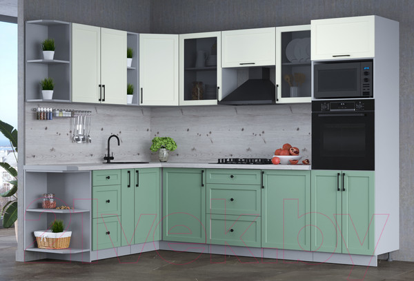 Изображение товара Кухонный гарнитур Интерлиния Тренд 1.88x2.8 ВТ левая (мята/белый/бискайская сосна)